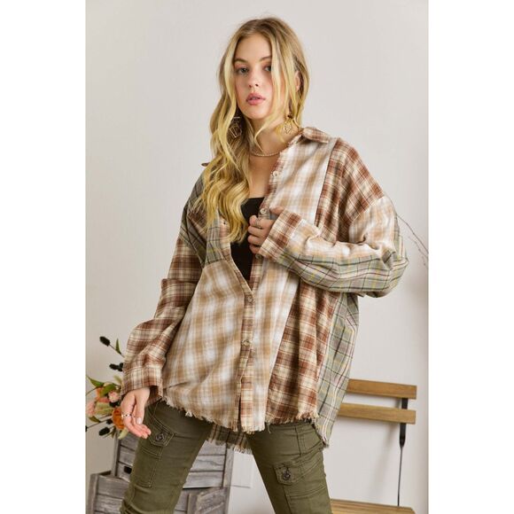 Mixed Plaid Shacket | Distressed Frayed Hem Button-Up – Women’s Small (4–6) - Picture 2 of 3